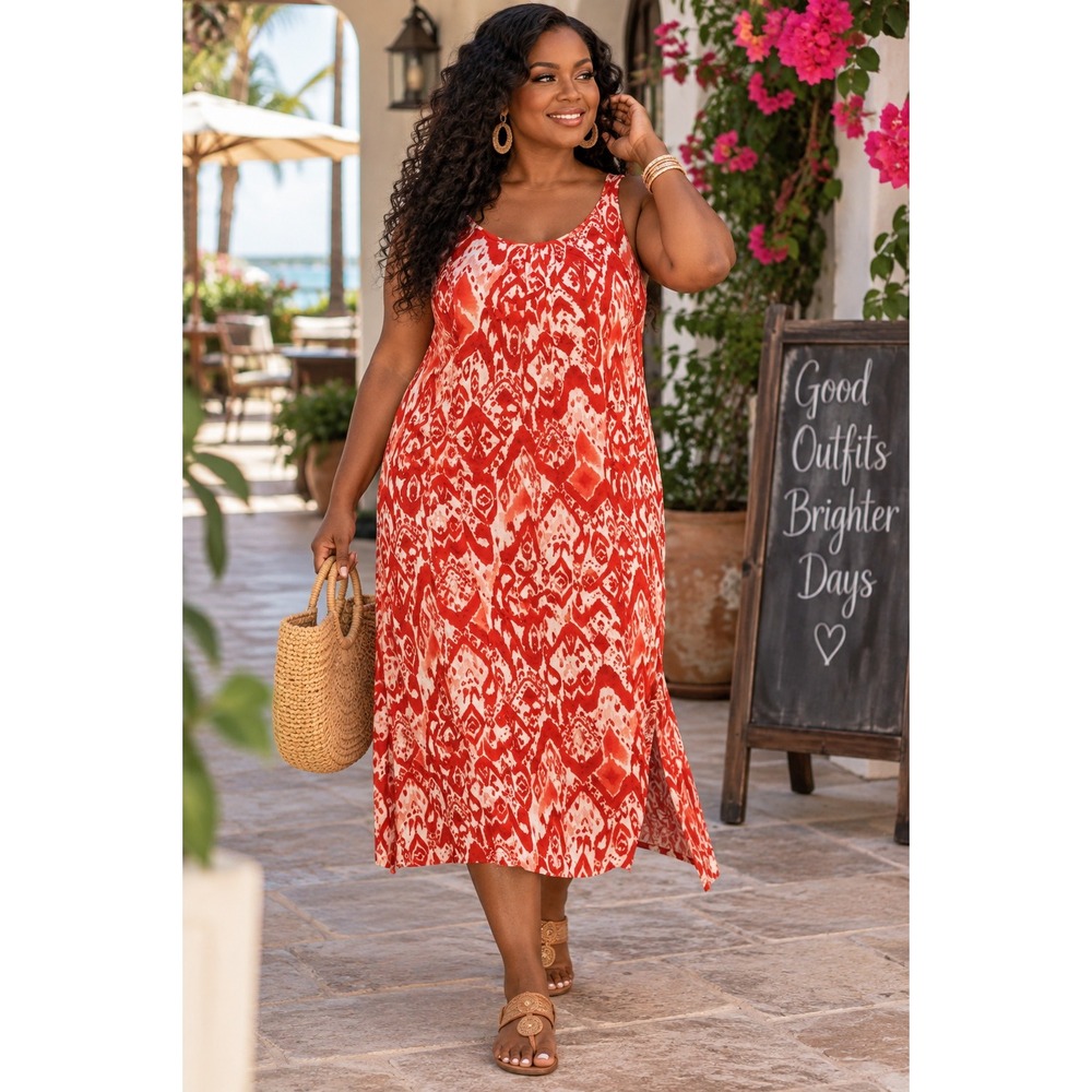 Chicos Red/White Ikat Diamond Print Maxi Dress Sleeveless Pockets Size 3 XL